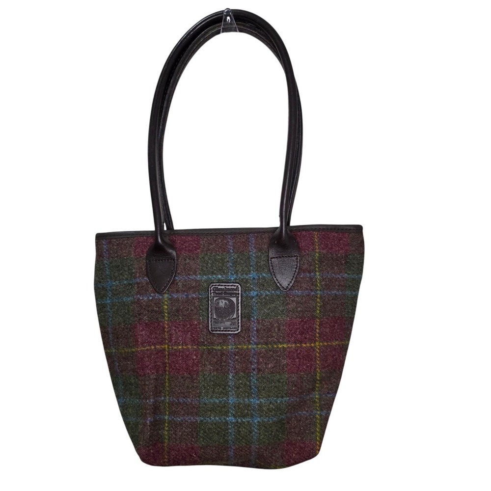 Glenalmond Harris Tweed Small Plaid Wool Tote Bag Leather Dark Academia Scotland